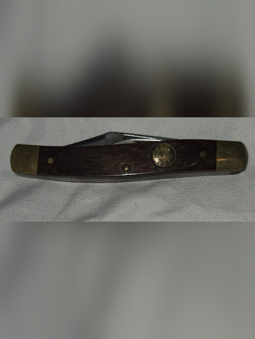 Sears 100th Anniversary Brown Wood Folding Pocket Knife w/Brass Caps